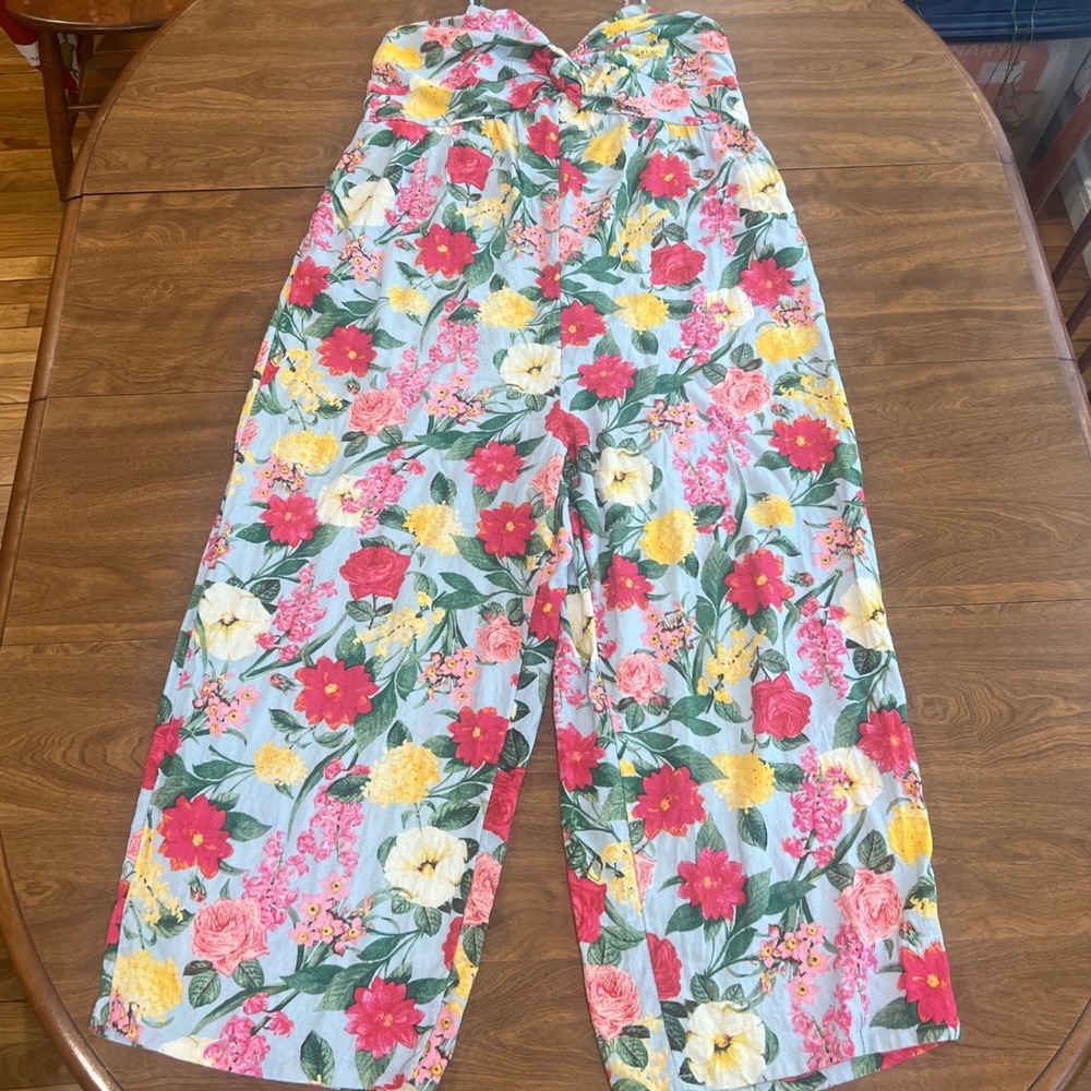 Old Navy XL Floral Wide Leg Linen Blend Jumpsuit Garden Print Tie Strap